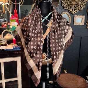 LUIS VUITTON Brown Beige Monogram Silk Scarf Brown and Beige